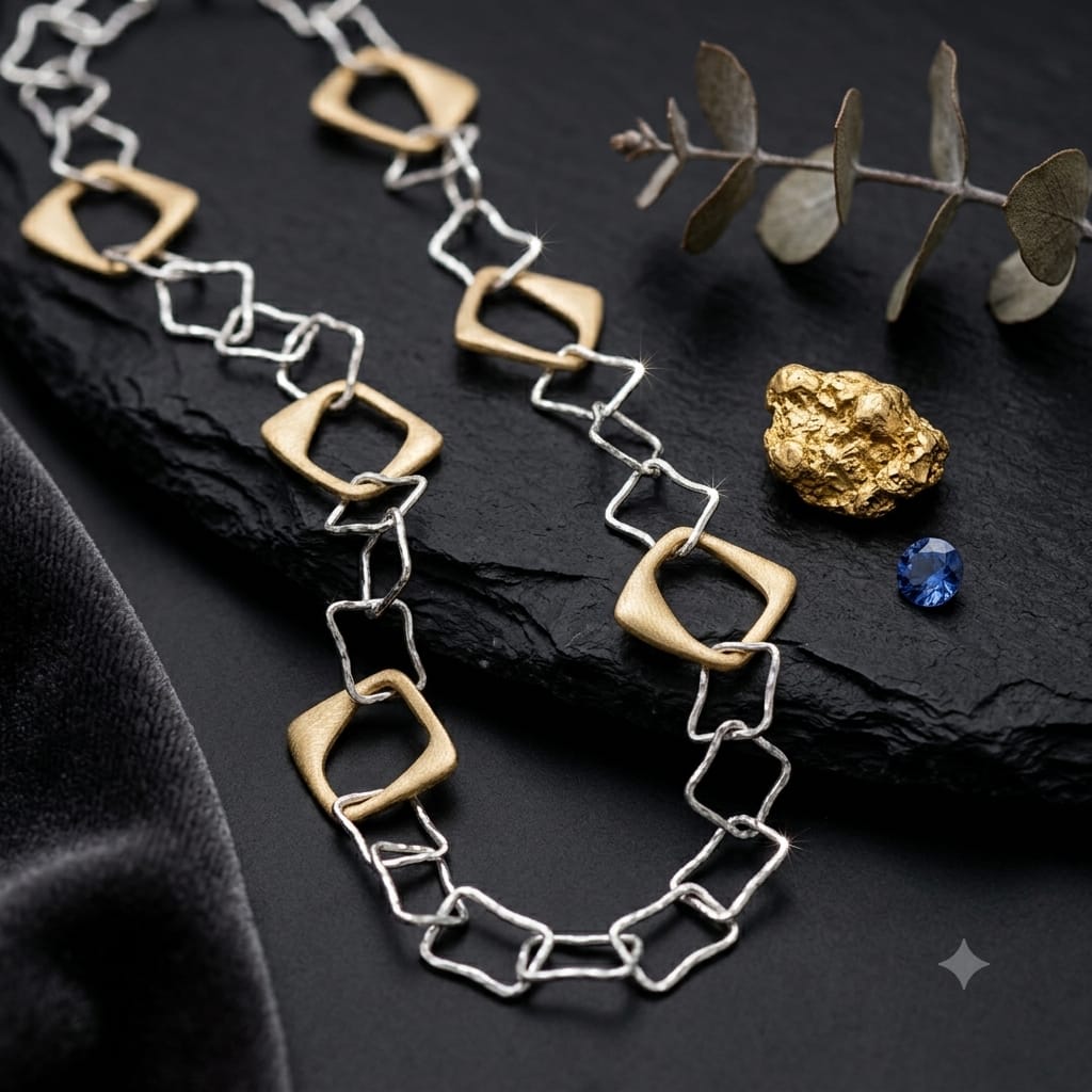 Collana in lega metallica con inserti dorati satinati