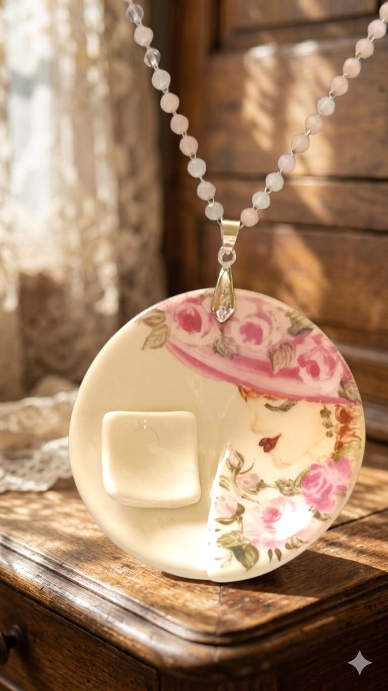 Collana con ciondolo in porcellana dipinta a mano e perline rosa