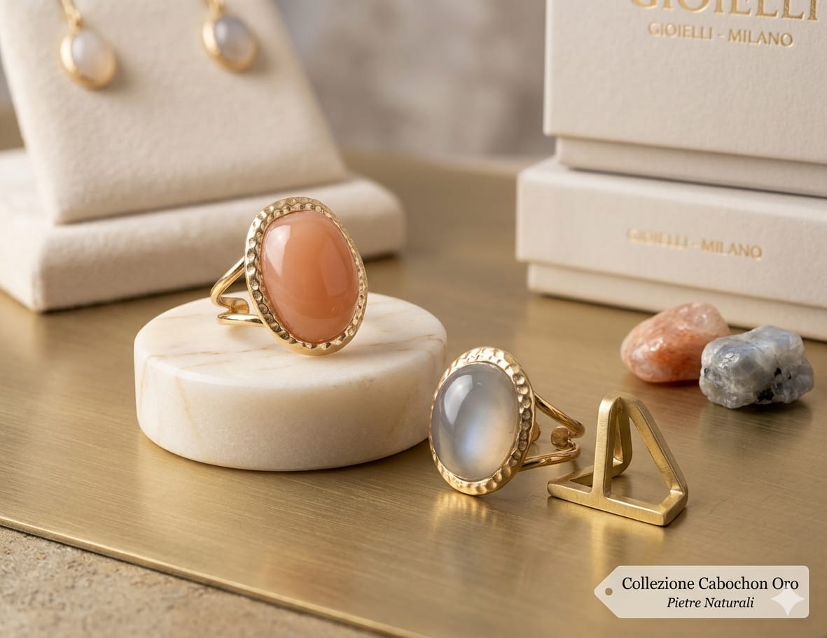 Anello cabochon in acciaio inossidabile dorato con pietra naturale