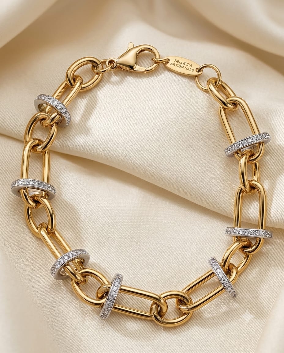 Bracciale a catena in acciaio dorato con rondelle in cristalli