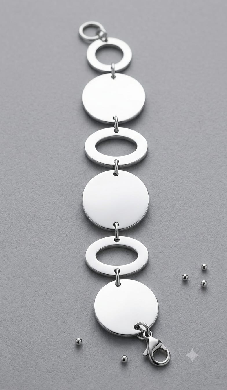 Bracciale in acciaio argentato con dischi e anelli alternati