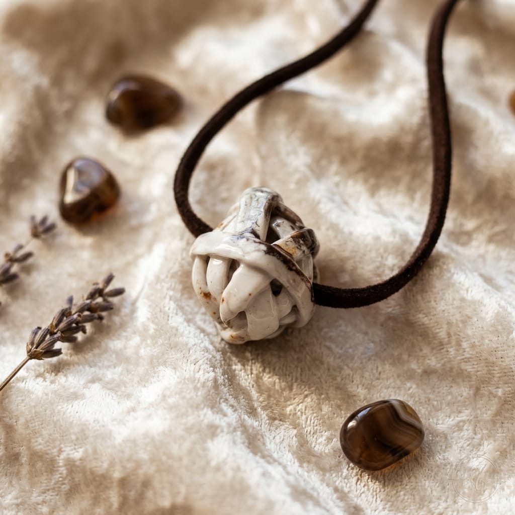 Collana con ciondolo sfera in porcellana intrecciata su tessuto beige