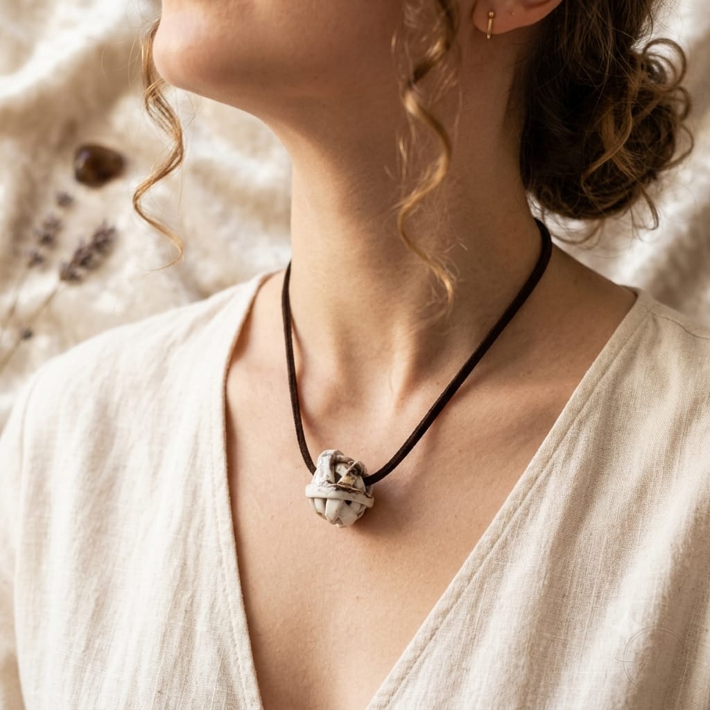 Collana con ciondolo sfera in porcellana indossata
