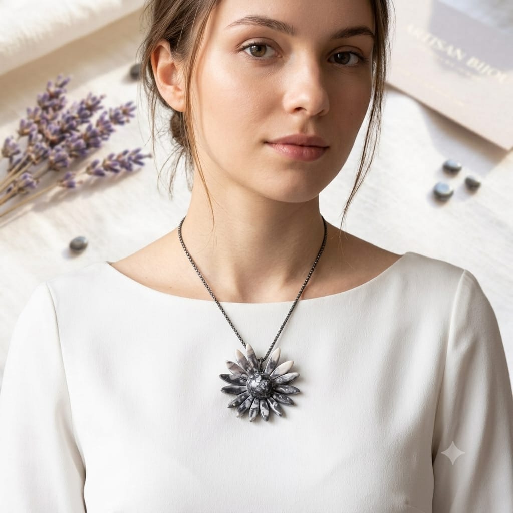 Modella che indossa la collana con ciondolo margherita in porcellana grigia
