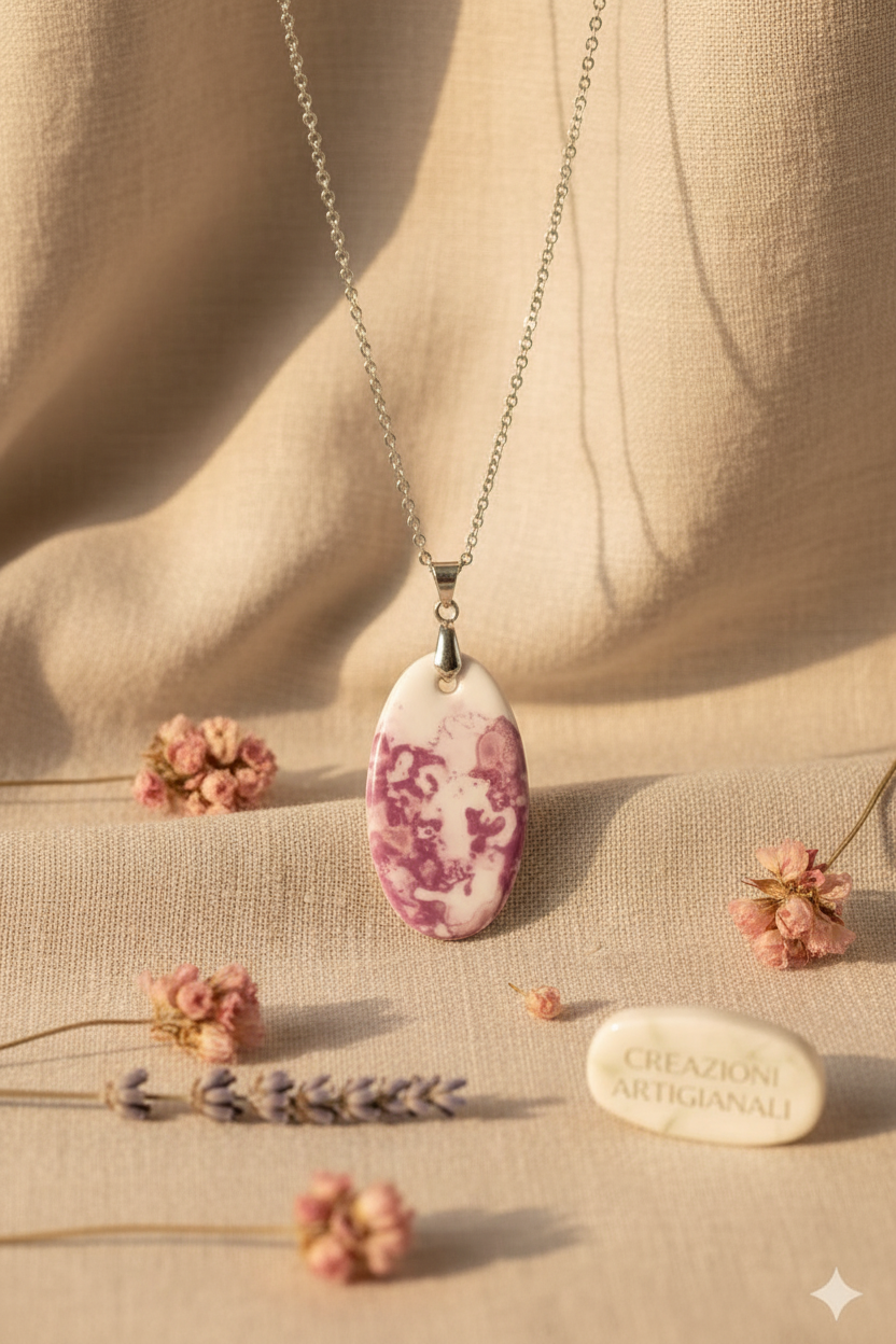 Collana ciondolo ovale in porcellana dipinta a mano