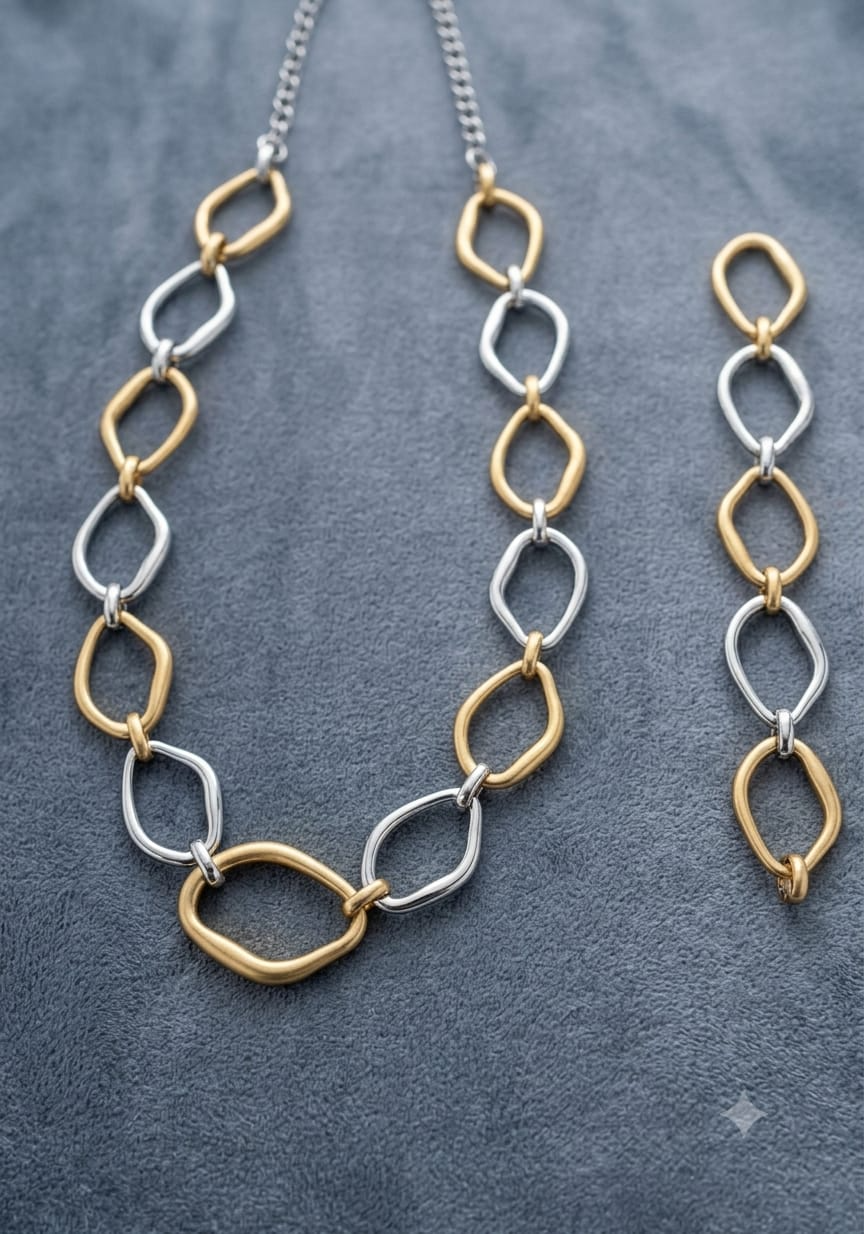 Collana girocollo regolabile e bracciale coordinato in acciaio color oro e argento