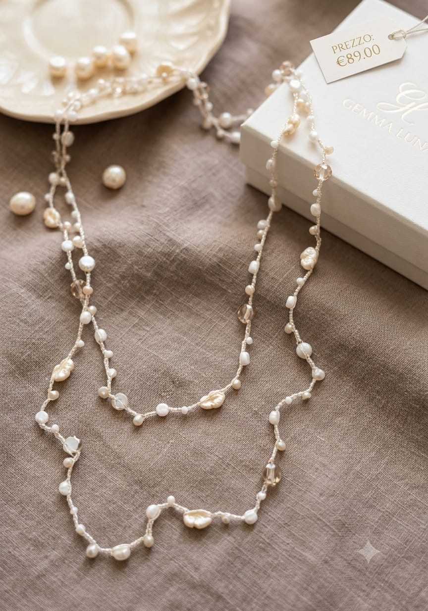 Collana doppio giro con catenella in filo dorato e perline fantasia beige