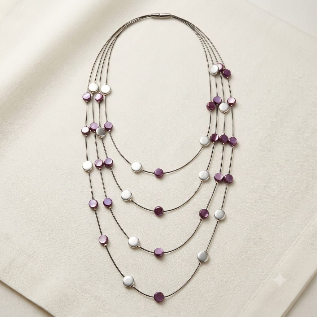 Collana girocollo multifilo in acciaio color argento con perline viola e bianche