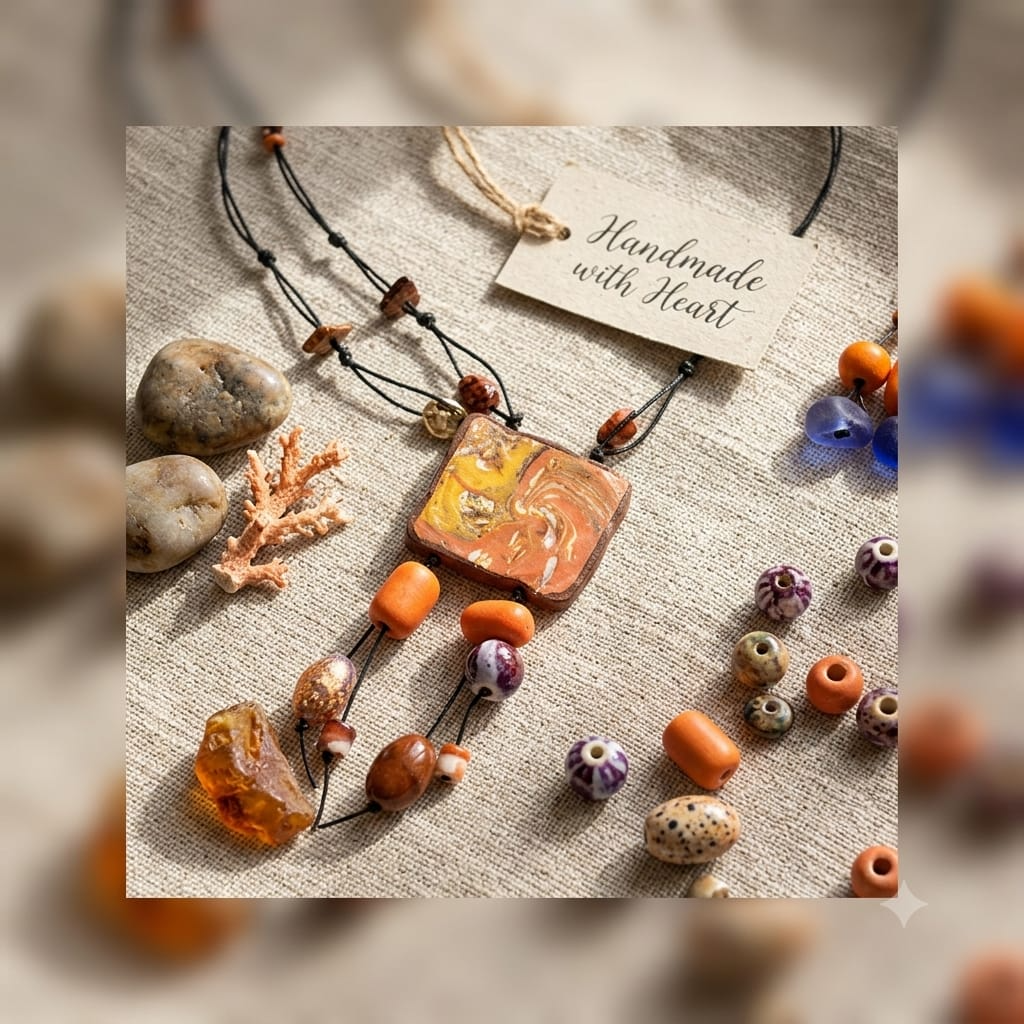 Ciondolo artigianale in resina arancio e oro con perline ceramiche e filo di cotone regolabile