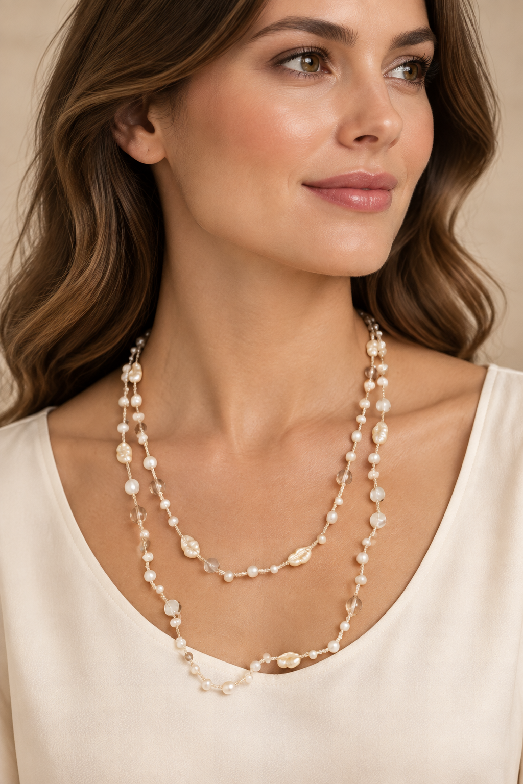 Modella che indossa la collana doppio giro beige